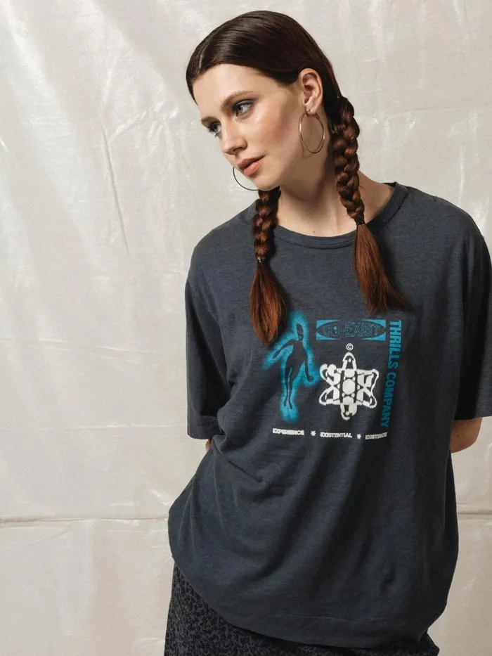 Womens Euphoric Coexistence Hemp Box Fit Tee Petrol Thrills Tops and Tees