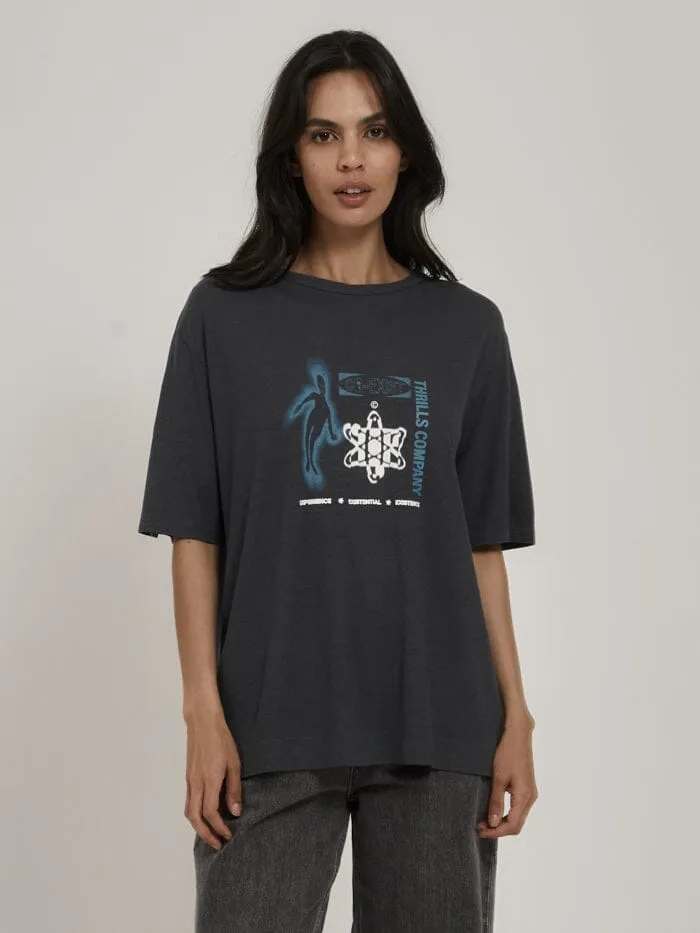 Womens Euphoric Coexistence Hemp Box Fit Tee Petrol Thrills Tops and Tees