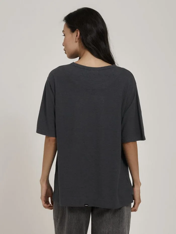 Womens Euphoric Coexistence Hemp Box Fit Tee Petrol Thrills Tops and Tees