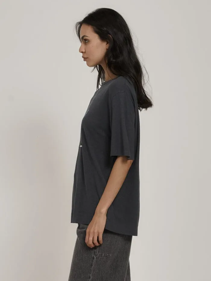 Womens Euphoric Coexistence Hemp Box Fit Tee Petrol Thrills Tops and Tees