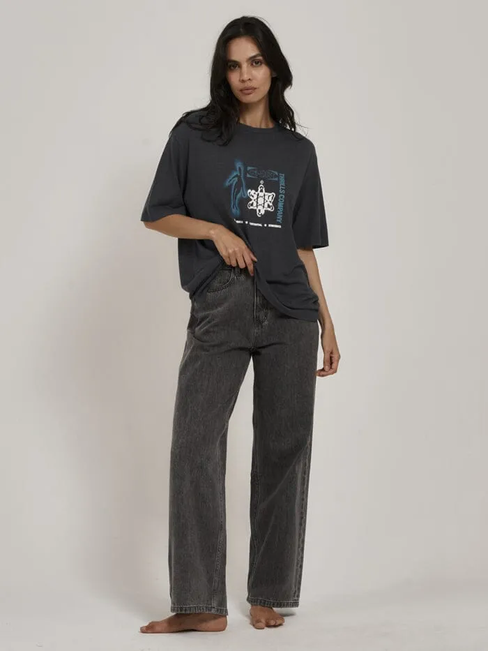 Womens Euphoric Coexistence Hemp Box Fit Tee Petrol Thrills Tops and Tees