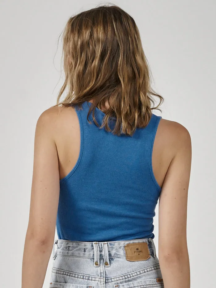 Womens Hemp Paper Rib Plunge Tank Lapis Blue Thrills Tops and Tees