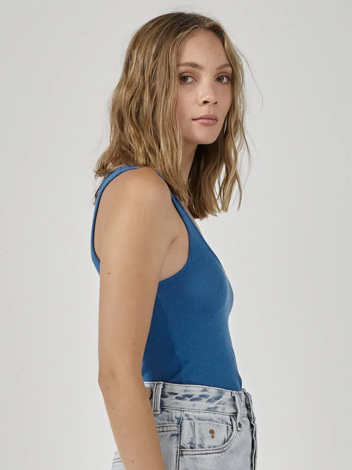 Womens Hemp Paper Rib Plunge Tank Lapis Blue Thrills Tops and Tees