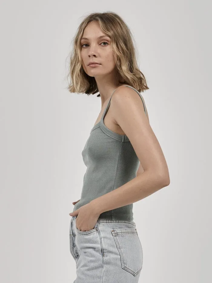 Womens Minimal Rib Singlet Seaglass Green Thrills Tops and Tees