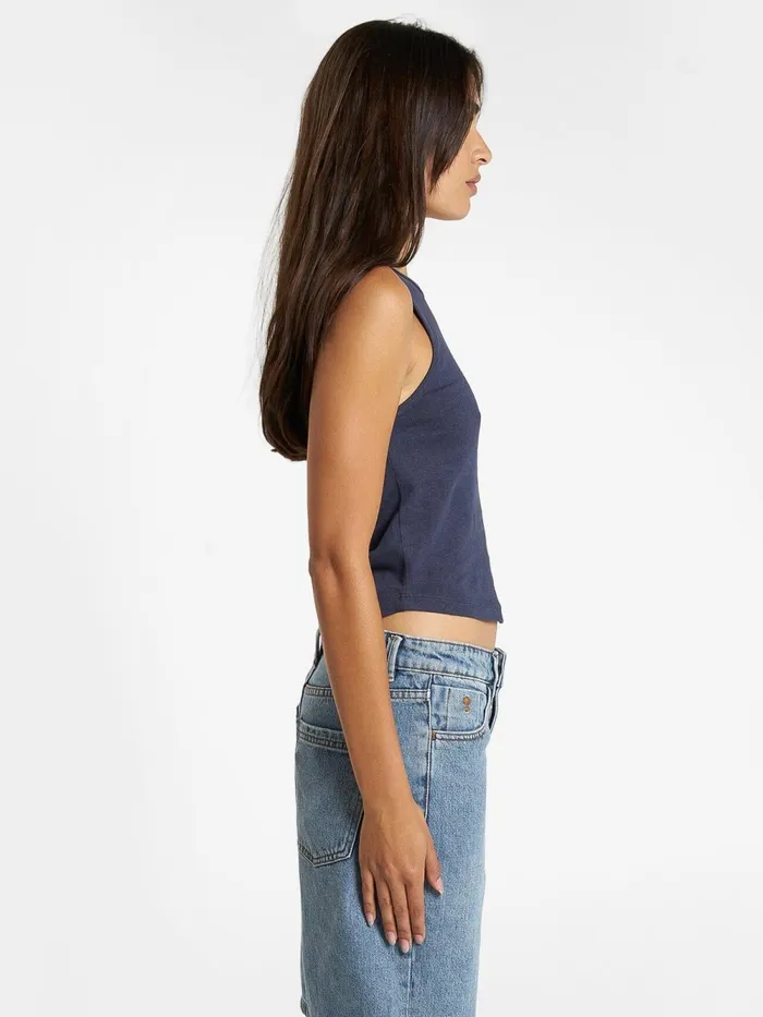 Womens Wishes Come True Hemp Curve Tank Station Navy Thrills Tops and Tees