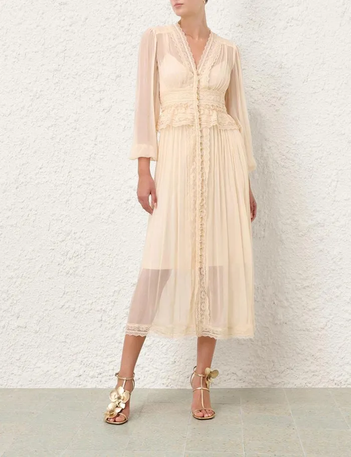 Zimmermann Clothing Natura V Neck Button Midi Buff 8211 Women