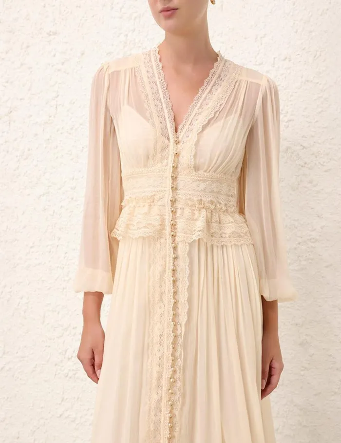 Zimmermann Clothing Natura V Neck Button Midi Buff 8211 Women