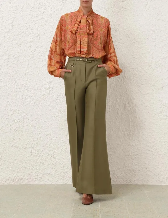 Zimmermann Clothing Tranquillity Flare Leg Pant Light Olive 8211 Women