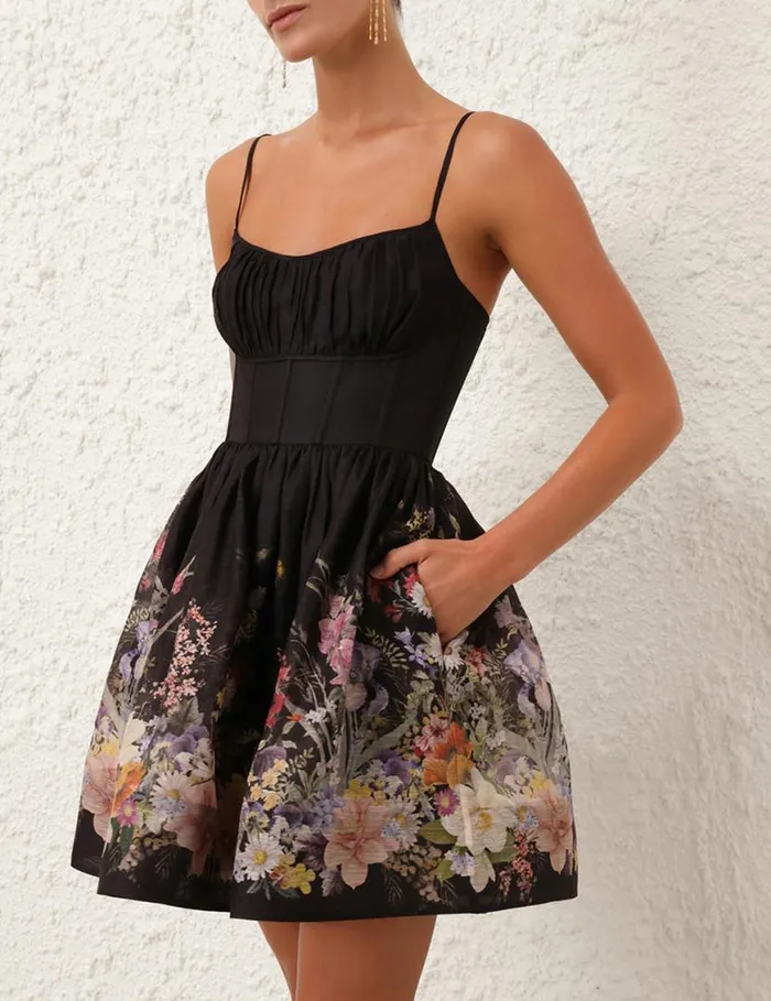 Zimmermann Dresses Natura Ruched Mini Dress Black Wild Flowers 8211 Women