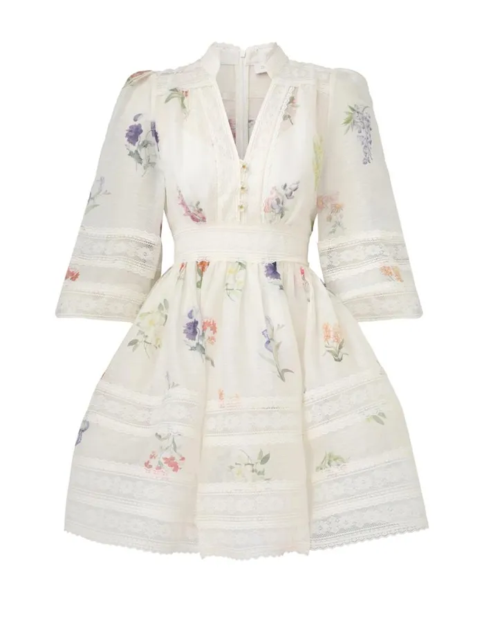 Zimmermann Dresses Natura V Neck Lace Mini Dress Multi Botanical Ivory 8211 Women
