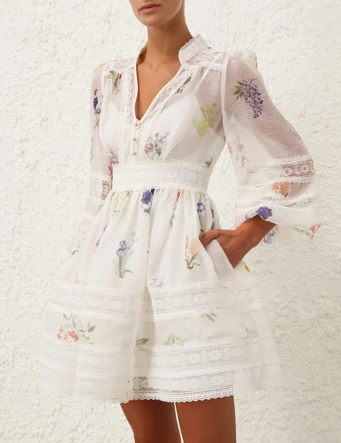 Zimmermann Dresses Natura V Neck Lace Mini Dress Multi Botanical Ivory 8211 Women