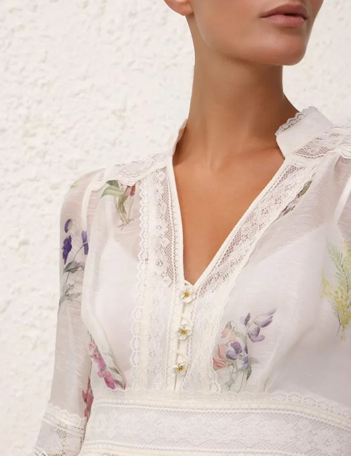 Zimmermann Dresses Natura V Neck Lace Mini Dress Multi Botanical Ivory 8211 Women