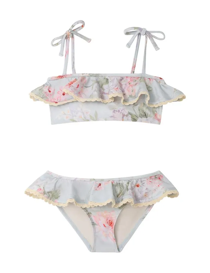 Zimmermann Swimwear Halliday Trim Frill Bikini Blue Watercolour Floral 8211 Kids