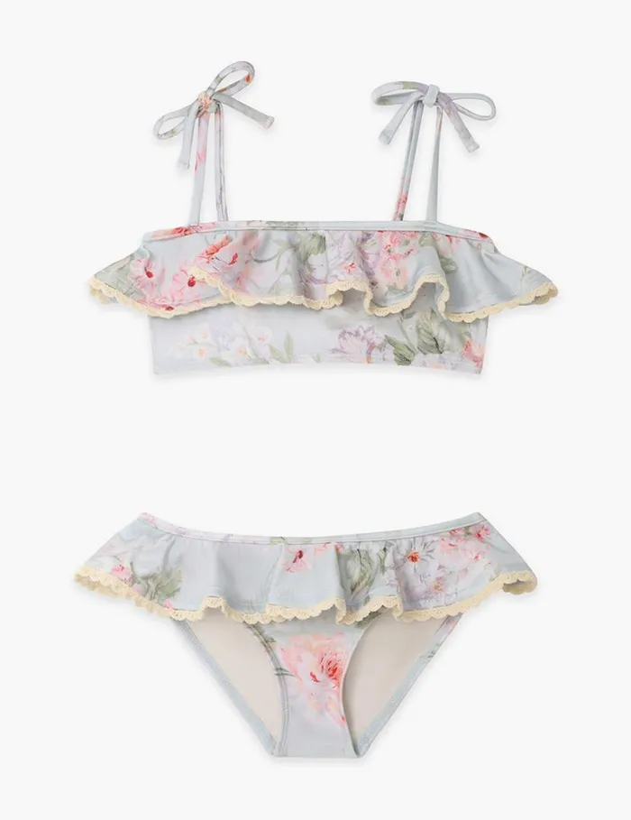 Zimmermann Swimwear Halliday Trim Frill Bikini Blue Watercolour Floral 8211 Kids