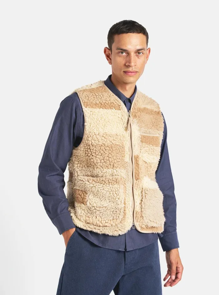 Zip Gilet In Sand Patchwork Fleece Men Universal Works Fleece